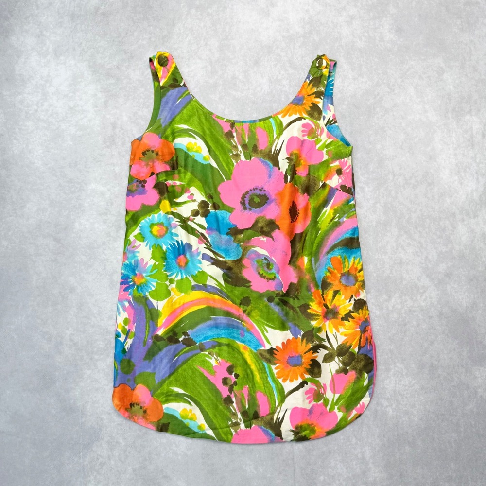Vintage 60s Paradise Hawaii Floral Tank Top Medium Psychedelic Mid Century Beach